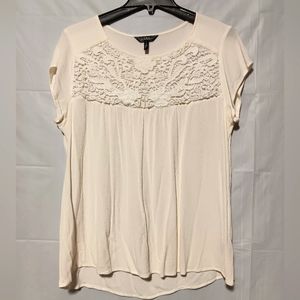 Nicole Miller New York EUC Women's Ivory Cap Sleeve Blouse, Large, Lace Bodice